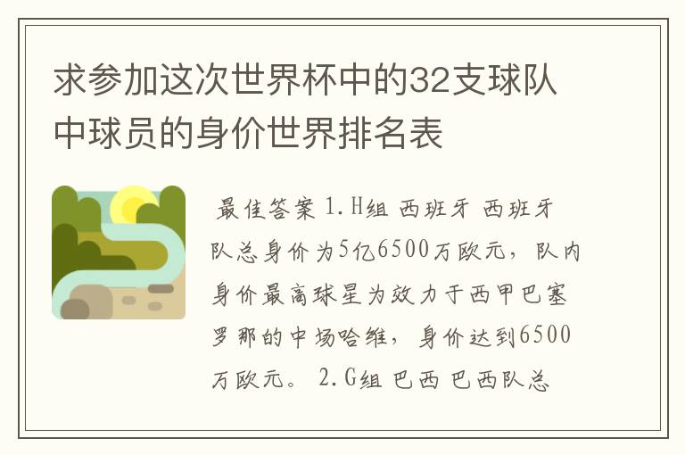 求参加这次世界杯中的32支球队中球员的身价世界排名表