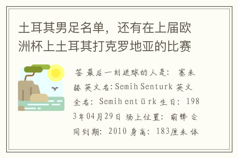 土耳其男足名单,还有在上届欧洲杯上土耳其打克罗地亚的比赛,到最后一刻进球的人是谁?