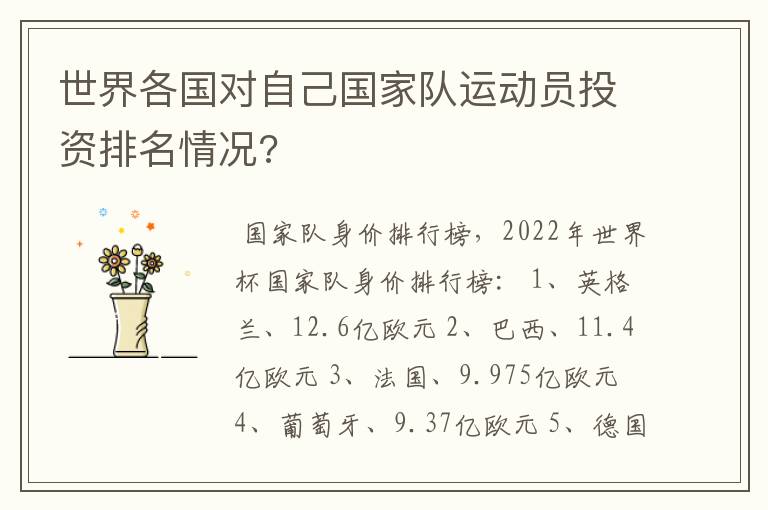 世界各国对自己国家队运动员投资排名情况?