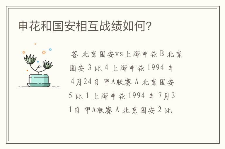 申花和国安相互战绩如何？