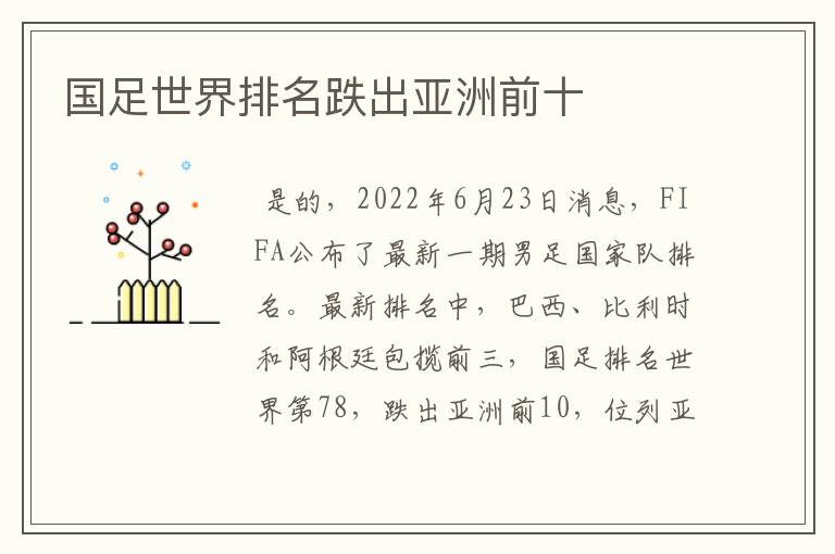 国足世界排名跌出亚洲前十