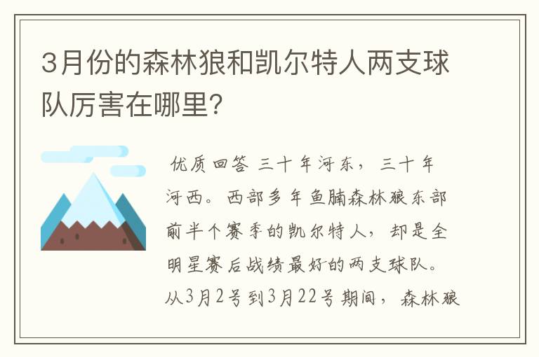 3月份的森林狼和凯尔特人两支球队厉害在哪里?