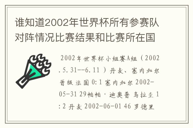 谁知道2002年世界杯所有参赛队对阵情况比赛结果和比赛所在国的场地吗?