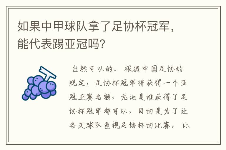 如果中甲球队拿了足协杯冠军,能代表踢亚冠吗?