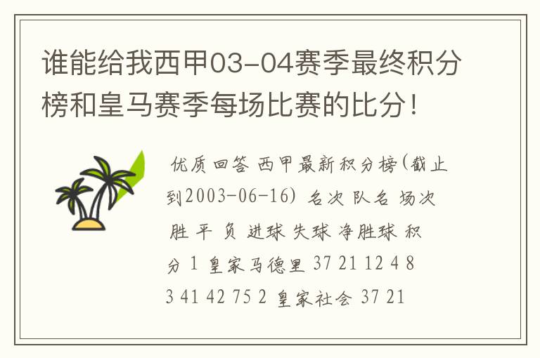 谁能给我西甲03-04赛季最终积分榜和皇马赛季每场比赛的比分!