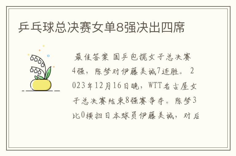 乒乓球总决赛女单8强决出四席