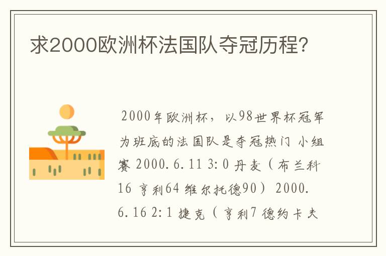 求2000欧洲杯法国队夺冠历程？