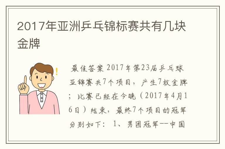 2017年亚洲乒乓锦标赛共有几块金牌