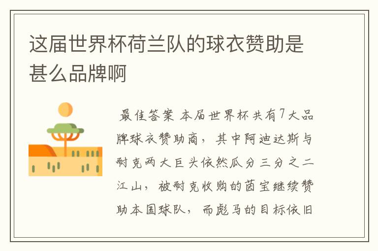 这届世界杯荷兰队的球衣赞助是甚么品牌啊