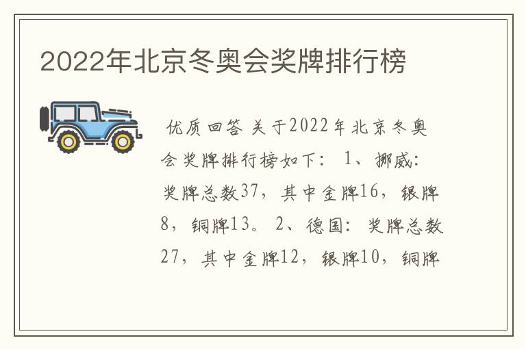 2022年北京冬奥会奖牌排行榜