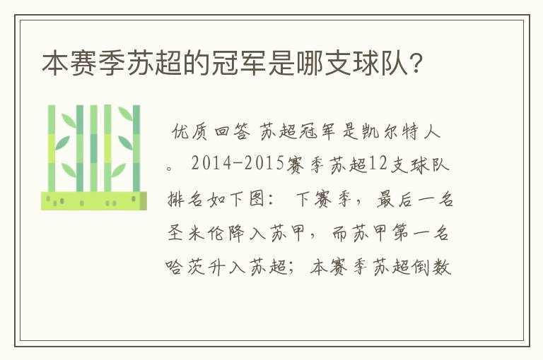 本赛季苏超的冠军是哪支球队?