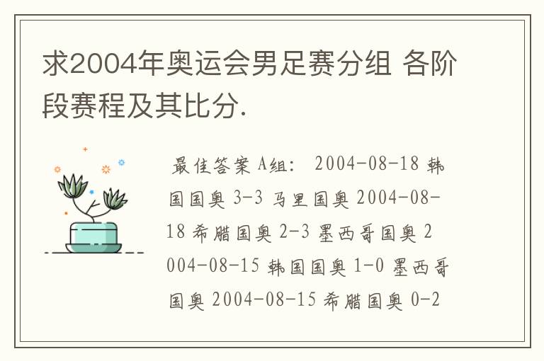 求2004年奥运会男足赛分组 各阶段赛程及其比分.