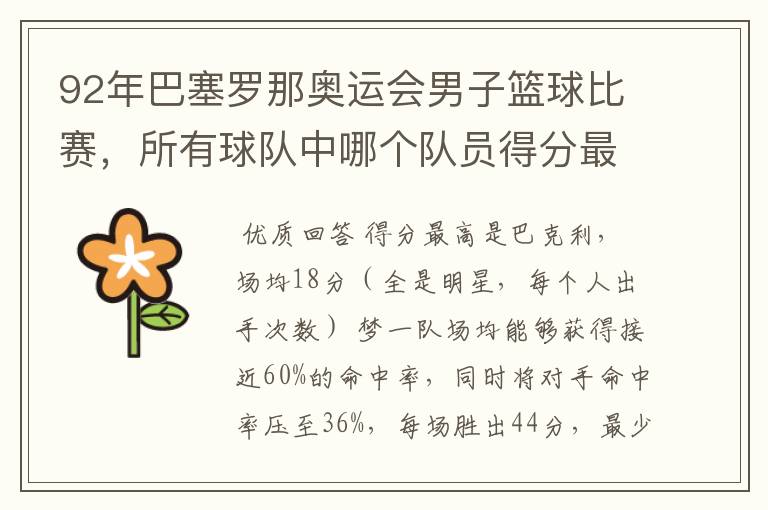 92年巴塞罗那奥运会男子篮球比赛,所有球队中哪个队员得分最多?梦之一队里面哪个队员得分最多?