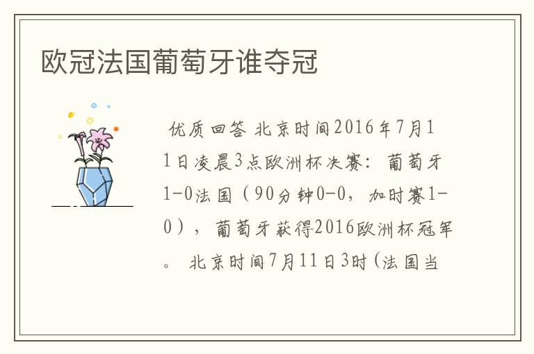 欧冠法国葡萄牙谁夺冠