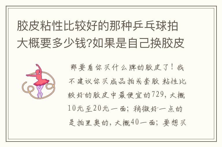 胶皮粘性比较好的那种乒乓球拍大概要多少钱?如果是自己换胶皮,那胶皮贵不?