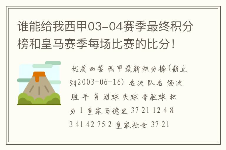 谁能给我西甲03-04赛季最终积分榜和皇马赛季每场比赛的比分!