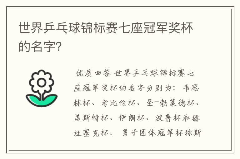 世界乒乓球锦标赛七座冠军奖杯的名字？