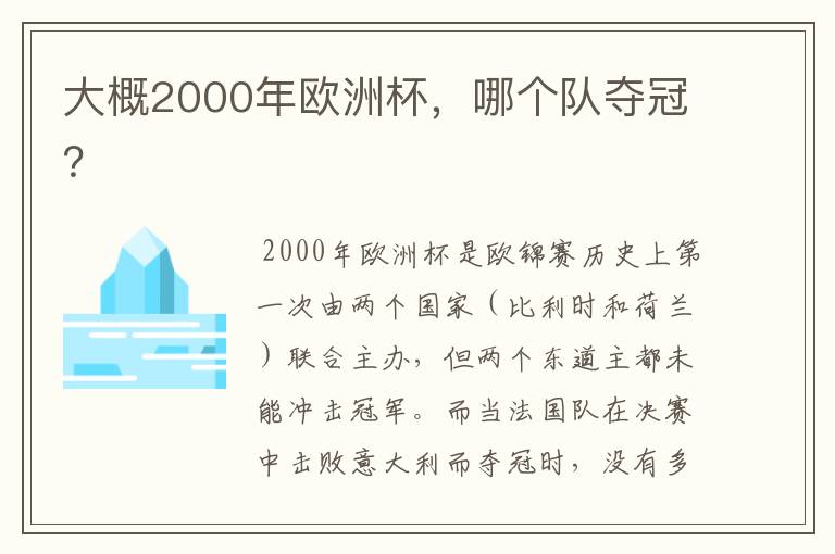 大概2000年欧洲杯,哪个队夺冠?