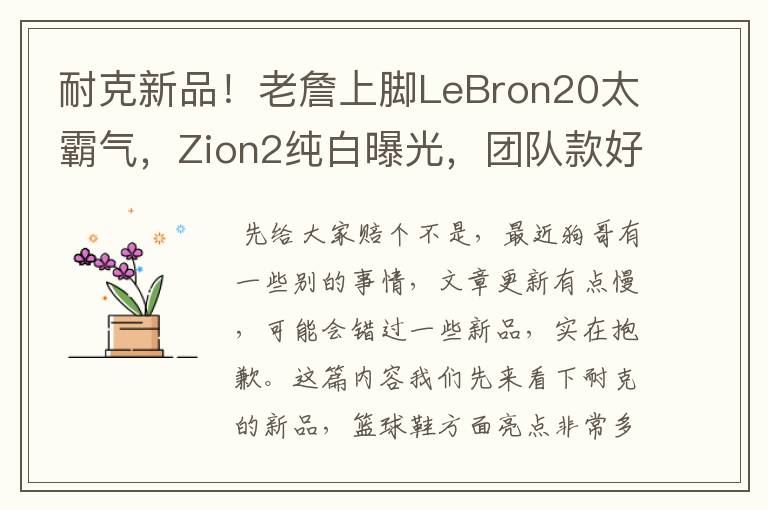 耐克新品!老詹上脚LeBron20太霸气,Zion2纯白曝光,团队款好帅