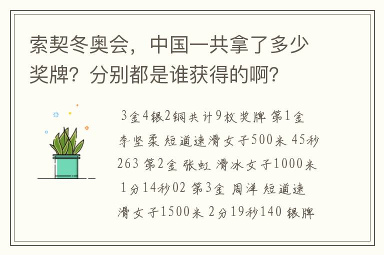 索契冬奥会,中国一共拿了多少奖牌?分别都是谁获得的啊?