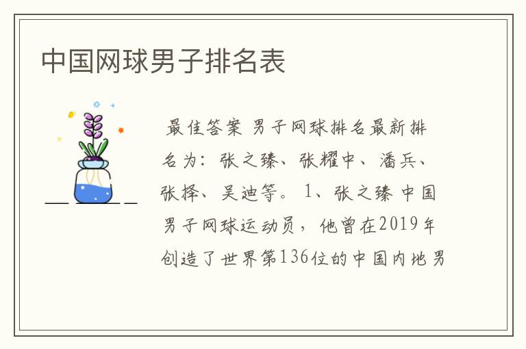 中国网球男子排名表
