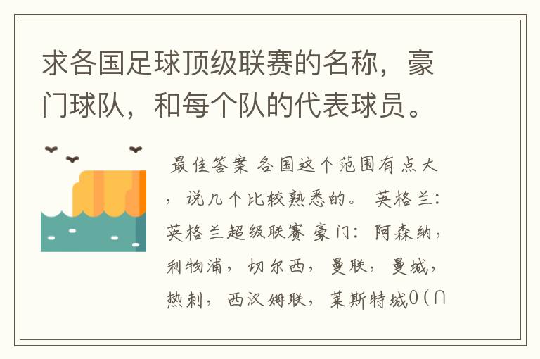 求各国足球顶级联赛的名称,豪门球队,和每个队的代表球员。