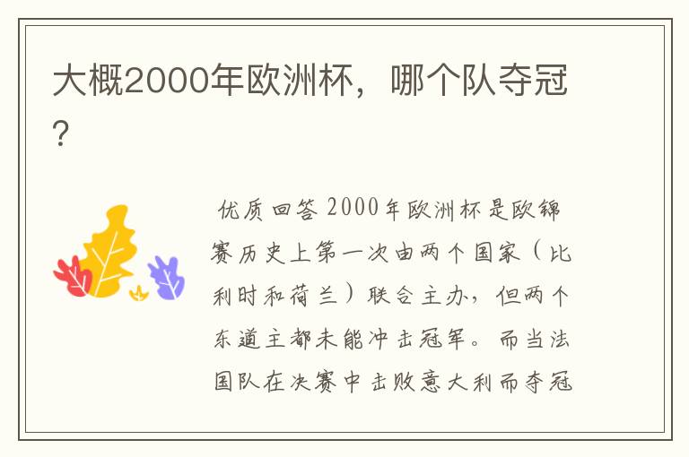 大概2000年欧洲杯,哪个队夺冠?