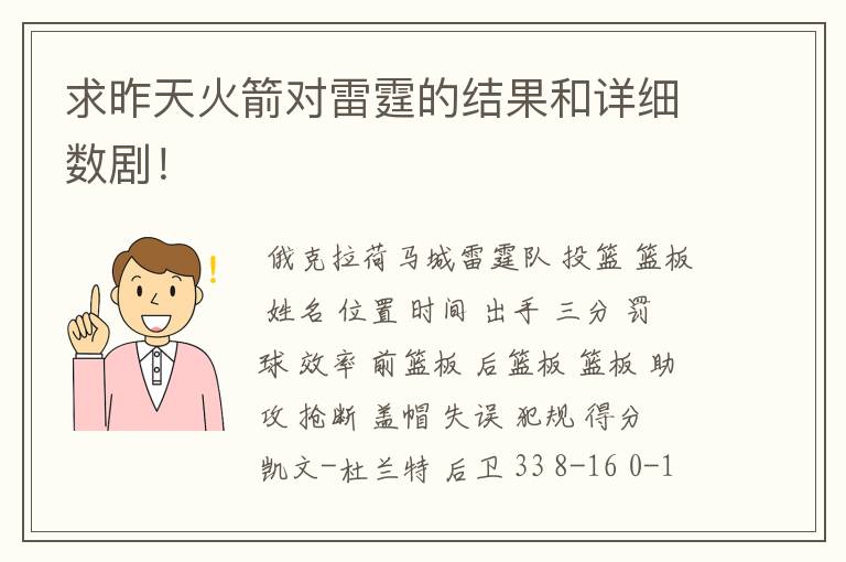 求昨天火箭对雷霆的结果和详细数剧!