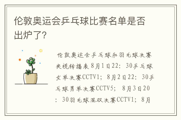 伦敦奥运会乒乓球比赛名单是否出炉了?