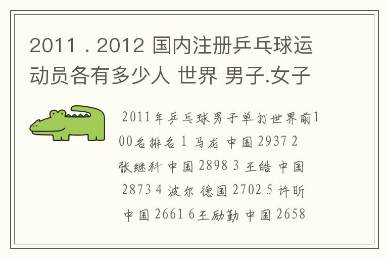 2011 . 2012 国内注册乒乓球运动员各有多少人 世界 男子.女子 排名前100的名单