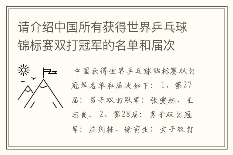 请介绍中国所有获得世界乒乓球锦标赛双打冠军的名单和届次