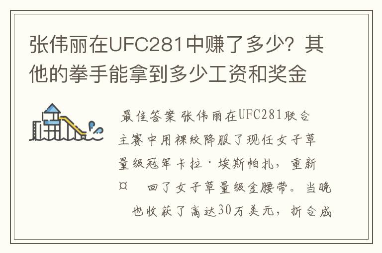 张伟丽在UFC281中赚了多少?其他的拳手能拿到多少工资和奖金?