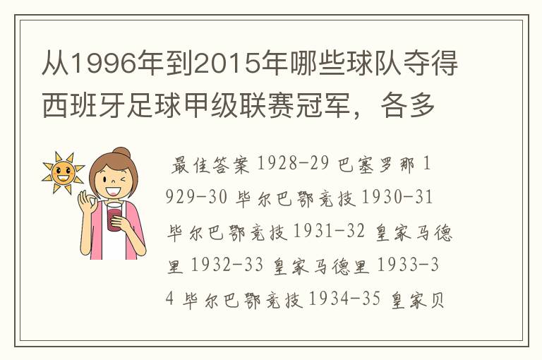 从1996年到2015年哪些球队夺得西班牙足球甲级联赛冠军,各多少次