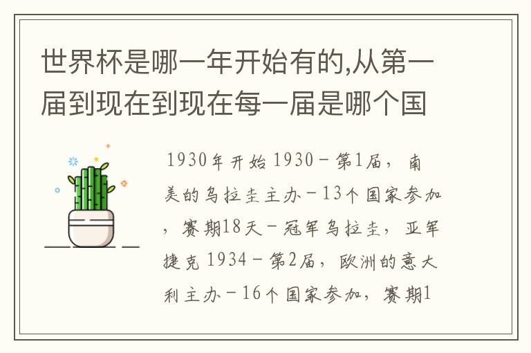 世界杯是哪一年开始有的,从第一届到现在到现在每一届是哪个国家做主场?可以按顺序讲给我听吗?