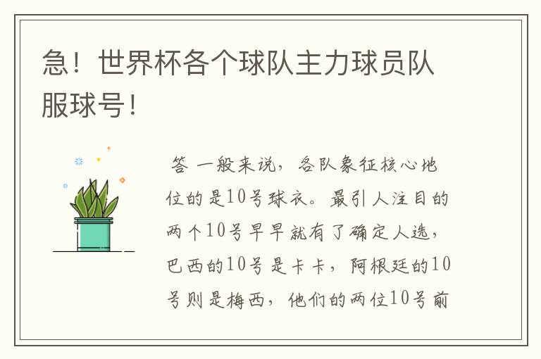 急!世界杯各个球队主力球员队服球号!