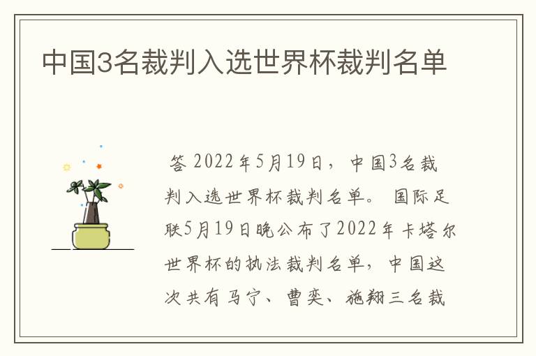 中国3名裁判入选世界杯裁判名单