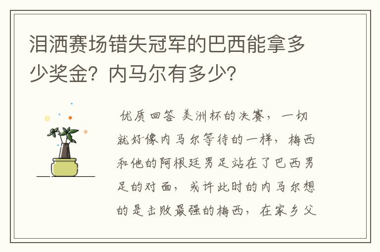 泪洒赛场错失冠军的巴西能拿多少奖金?内马尔有多少?