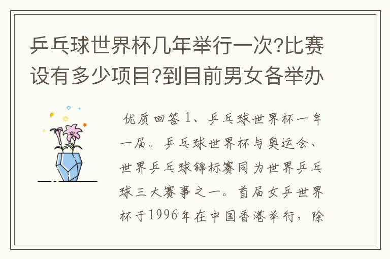乒乓球世界杯几年举行一次?比赛设有多少项目?到目前男女各举办了几届