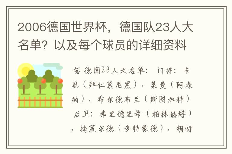 2006德国世界杯,德国队23人大名单?以及每个球员的详细资料?