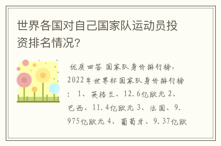 世界各国对自己国家队运动员投资排名情况?