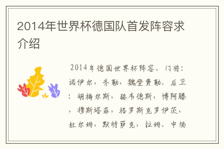 2014年世界杯德国队首发阵容求介绍