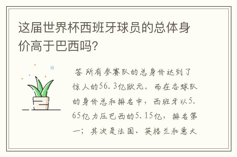 这届世界杯西班牙球员的总体身价高于巴西吗?
