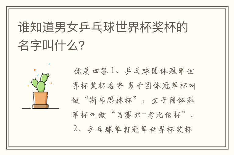 谁知道男女乒乓球世界杯奖杯的名字叫什么?