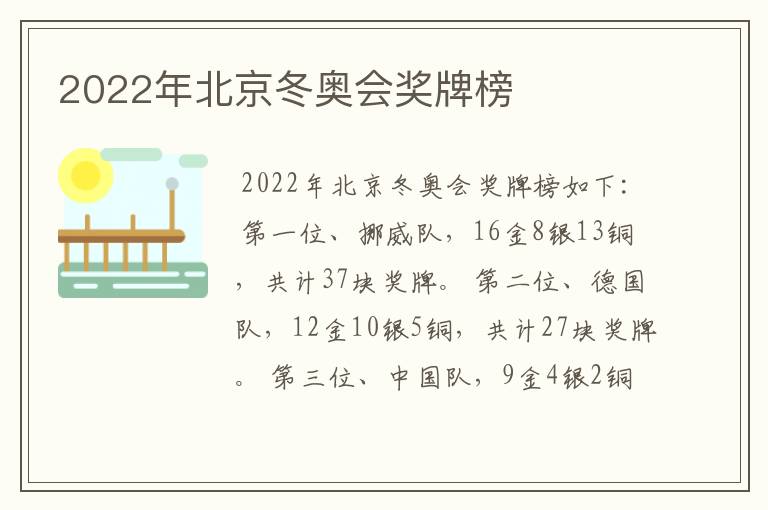 2022年北京冬奥会奖牌榜