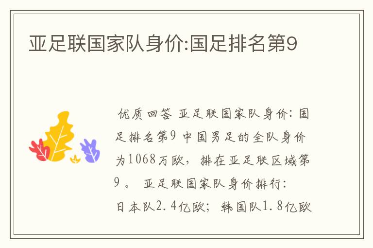 亚足联国家队身价:国足排名第9