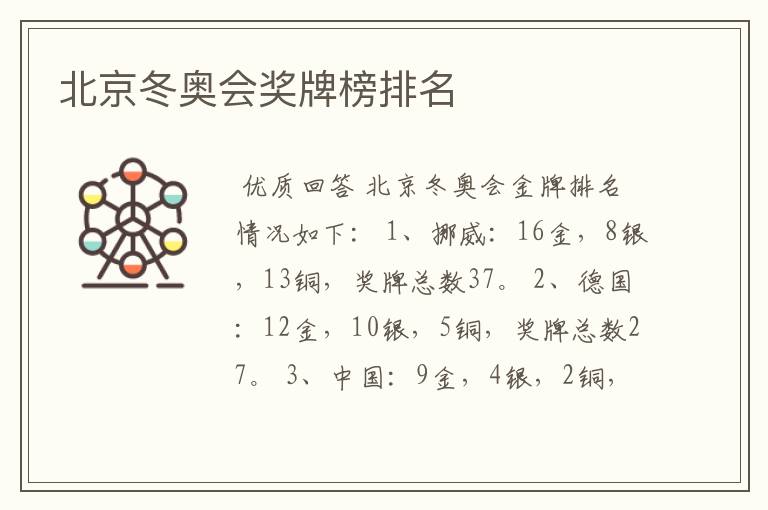 北京冬奥会奖牌榜排名