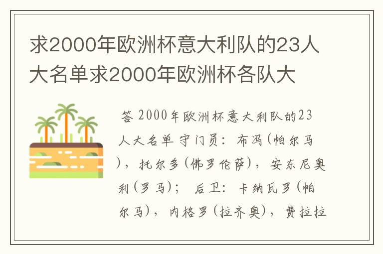 求2000年欧洲杯意大利队的23人大名单求2000年欧洲杯各队大