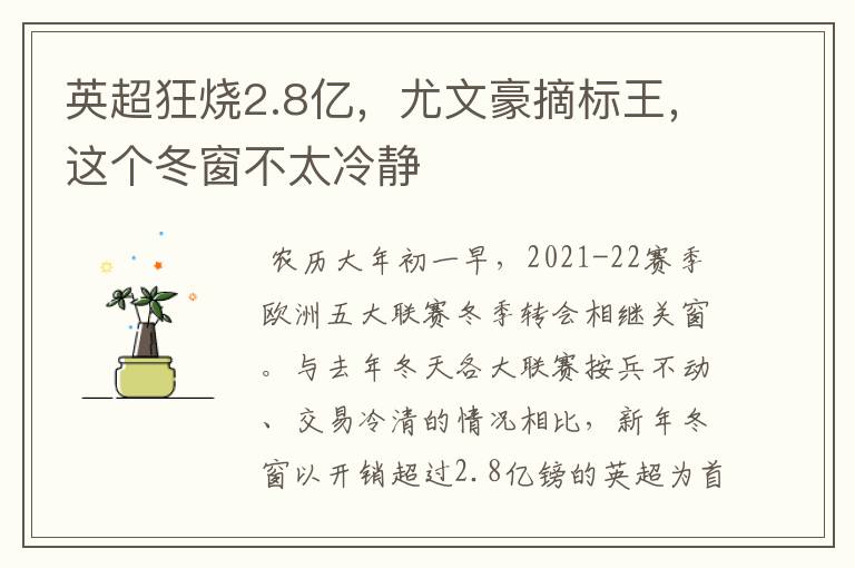 英超狂烧2.8亿,尤文豪摘标王,这个冬窗不太冷静