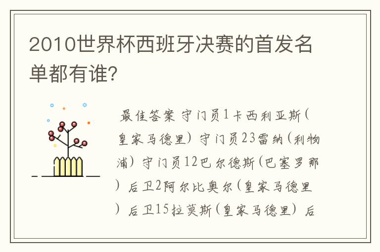 2010世界杯西班牙决赛的首发名单都有谁?