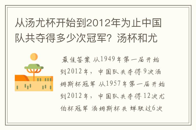从汤尤杯开始到2012年为止中国队共夺得多少次冠军?汤杯和尤杯各蝉联过几次冠军?获得冠军的时间和